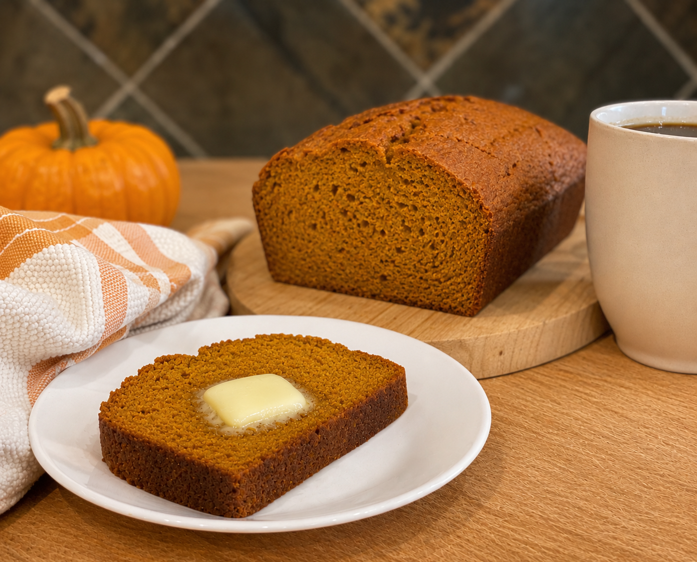 Slice of pumpkin bread served on a plate