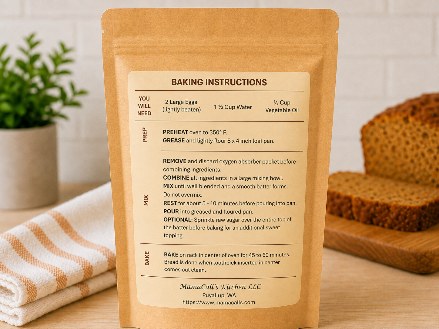 Baking instructions for MamaCall’s Pumpkin Bread Mix with Real Freeze-Dried Pumpkin