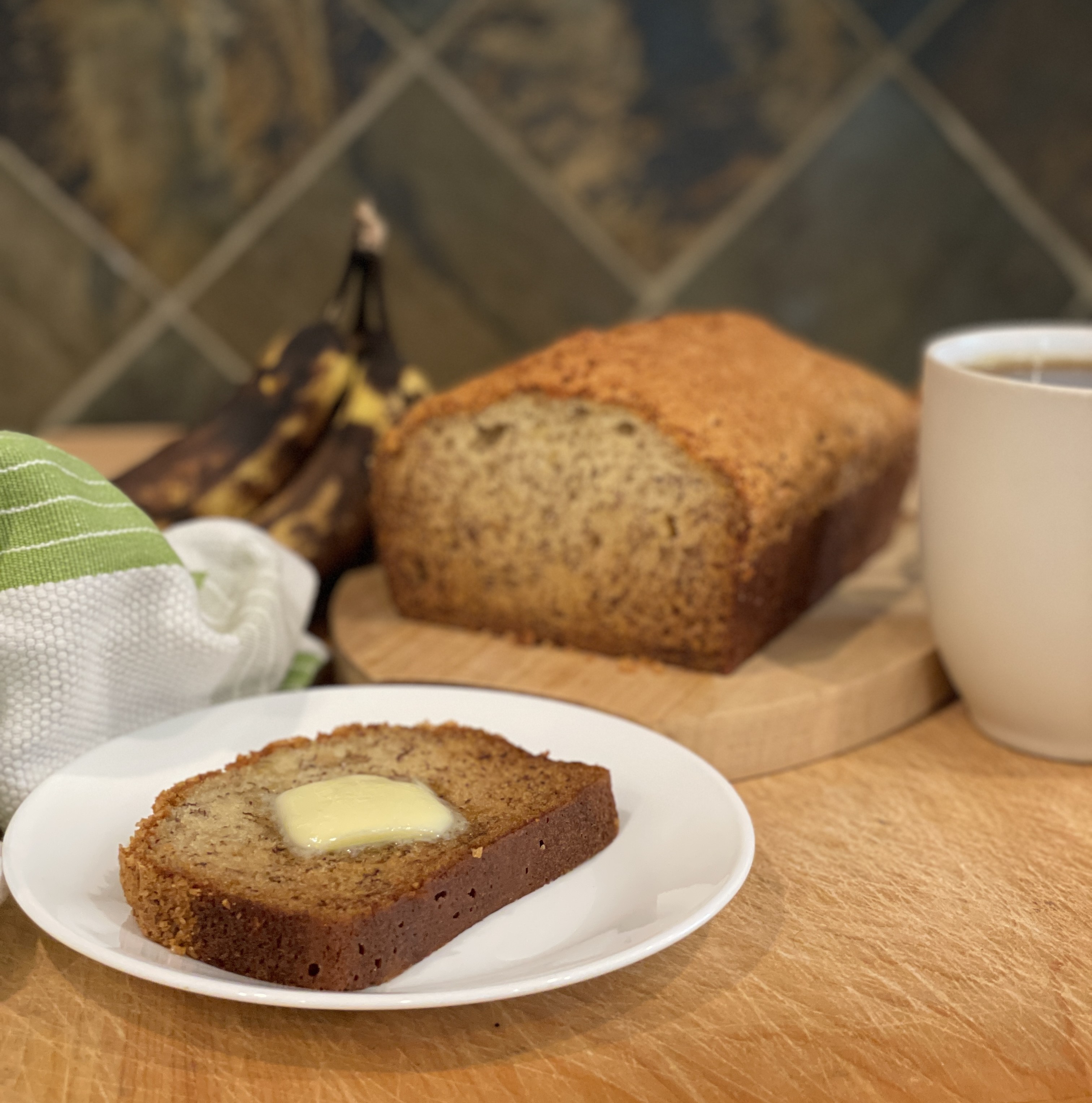 Fresh banana bread sliced and served
