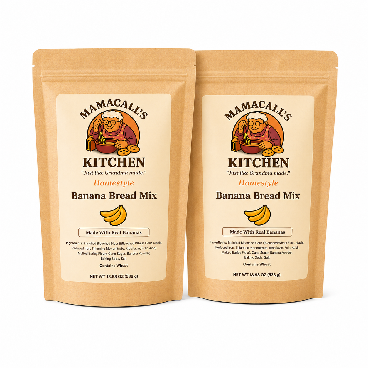 Two pouches of Banana Bread Mix with Real Freeze-Dried Bananas