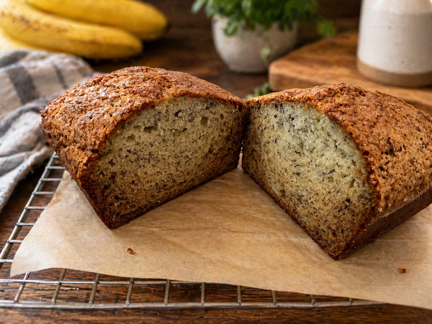 Freshly baked MamaCall's Kitchen banana bread cut open to show the finished loaf